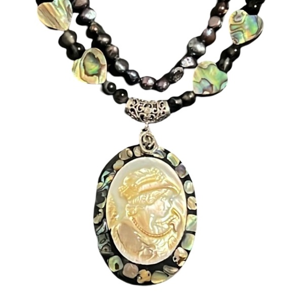 Vintage Peacock Pearl MOP Abalone Multi Strand Victorian Lady Cameo Necklace - Picture 2 of 8